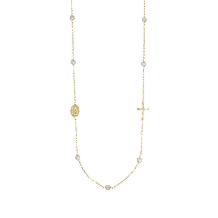 MIRACULOUS CROSS - PEARL AND CRYSTAL NECKLACE - VERMEIL SILVER