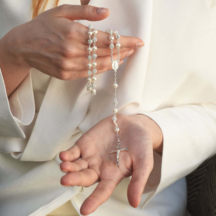 STRASS BALL AND PEARL ROSARY - SILVER