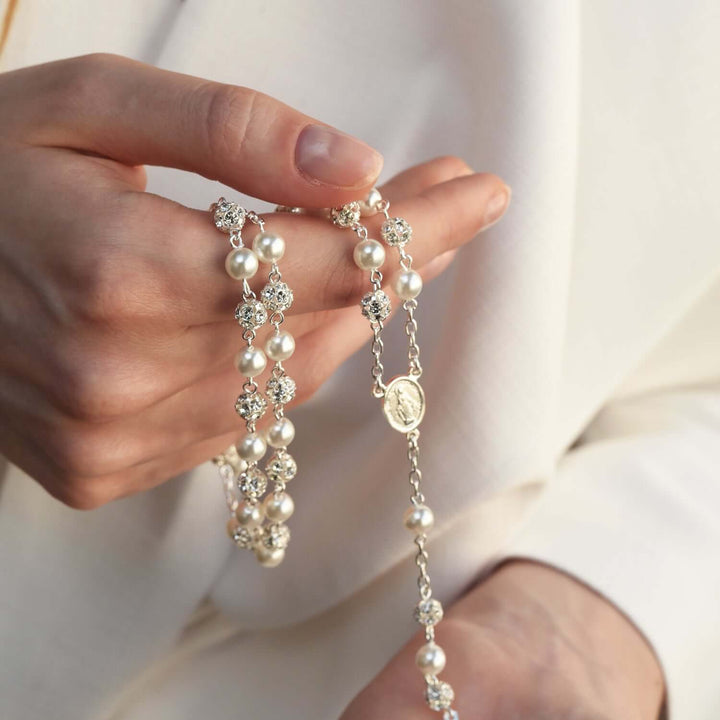 STRASS BALL AND PEARL ROSARY - SILVER