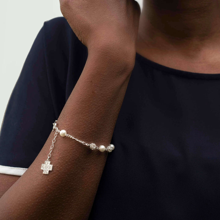 STRASS BALL IN GLASS - PEARL ROSARY BRACELET - SILVER