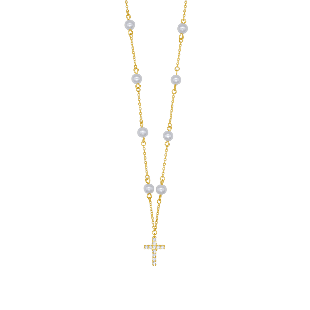 PEARL CROSS NECKLACE - GOLDEN SILVER