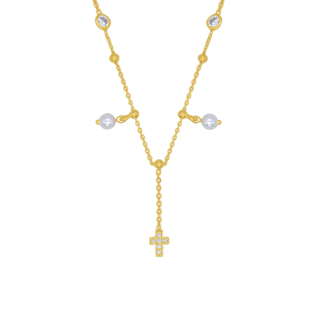 CROSS NECKLACE - PEARL AND GOLD SILVER