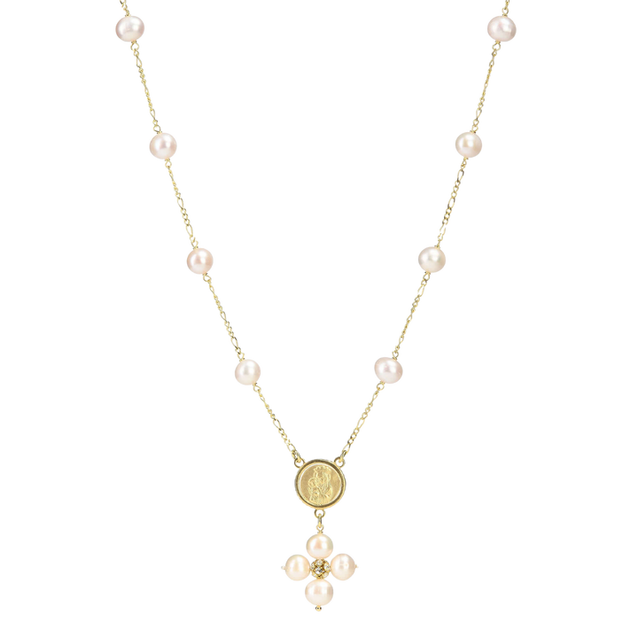 PEARL NECKLACE - MARY MEDAL - VERMEIL SILVER