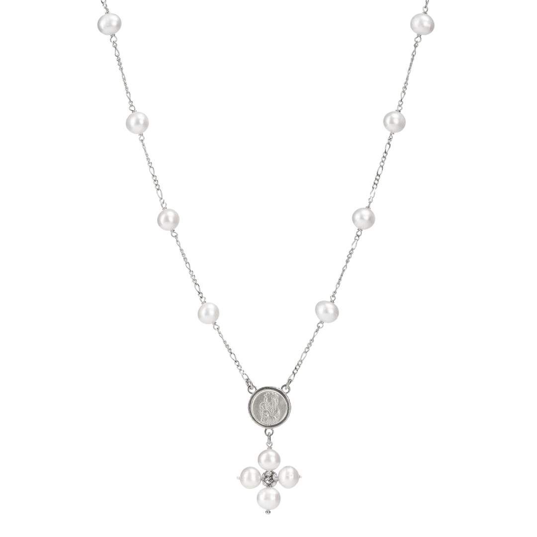 PEARL NECKLACE - MARY MEDAL - SILVER