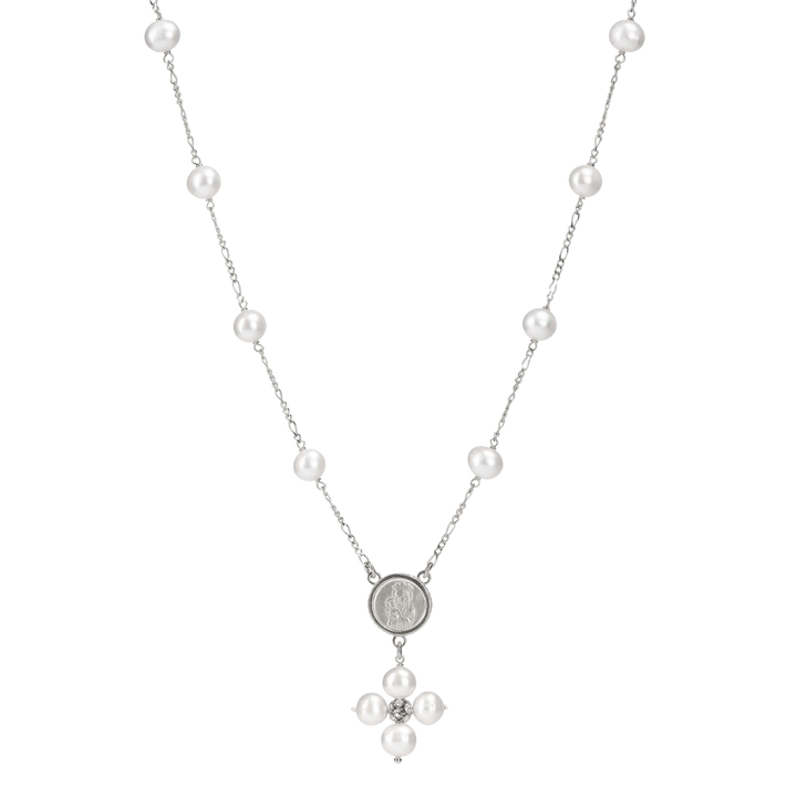 PEARL NECKLACE - MARY MEDAL - SILVER