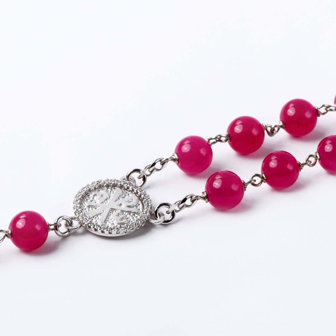 PINK AGATE ROSARY - SILVER