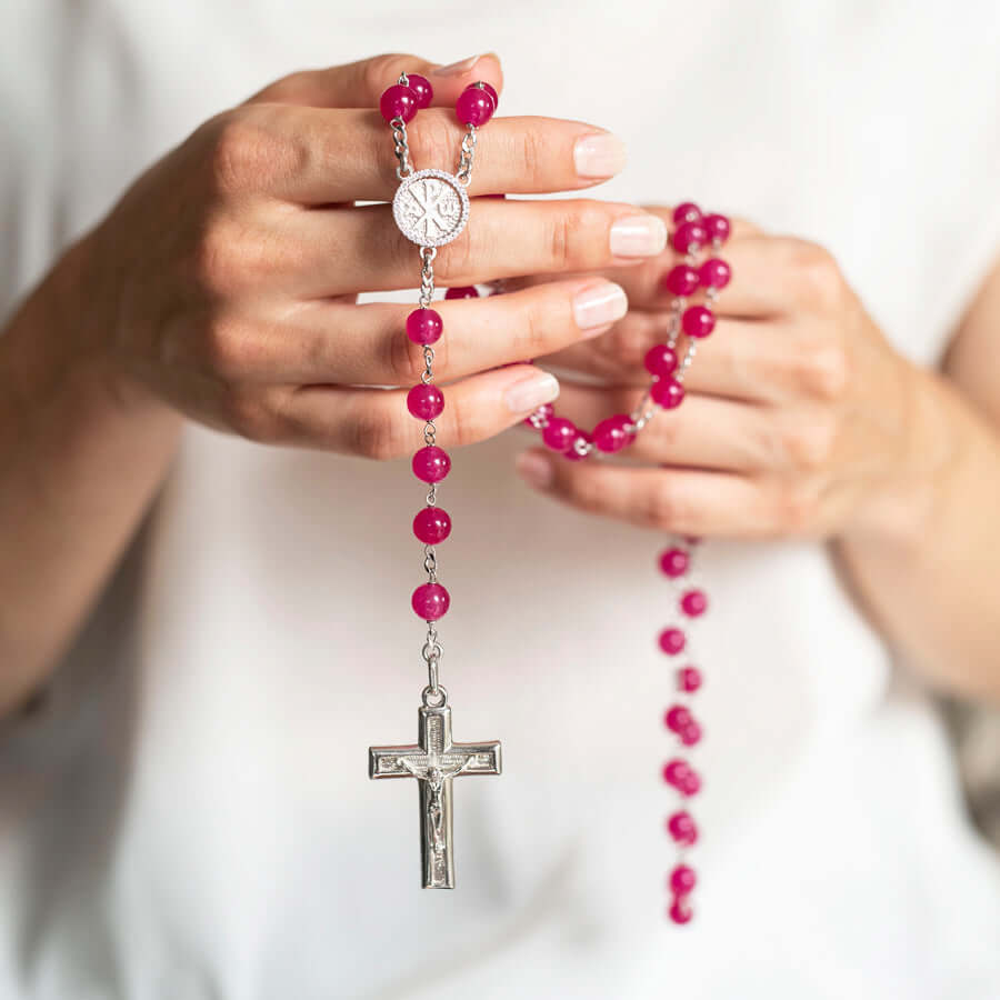 PINK AGATE ROSARY - SILVER