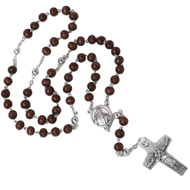POPE FRANCIS - WOODEN BEAD ROSARY - METAL