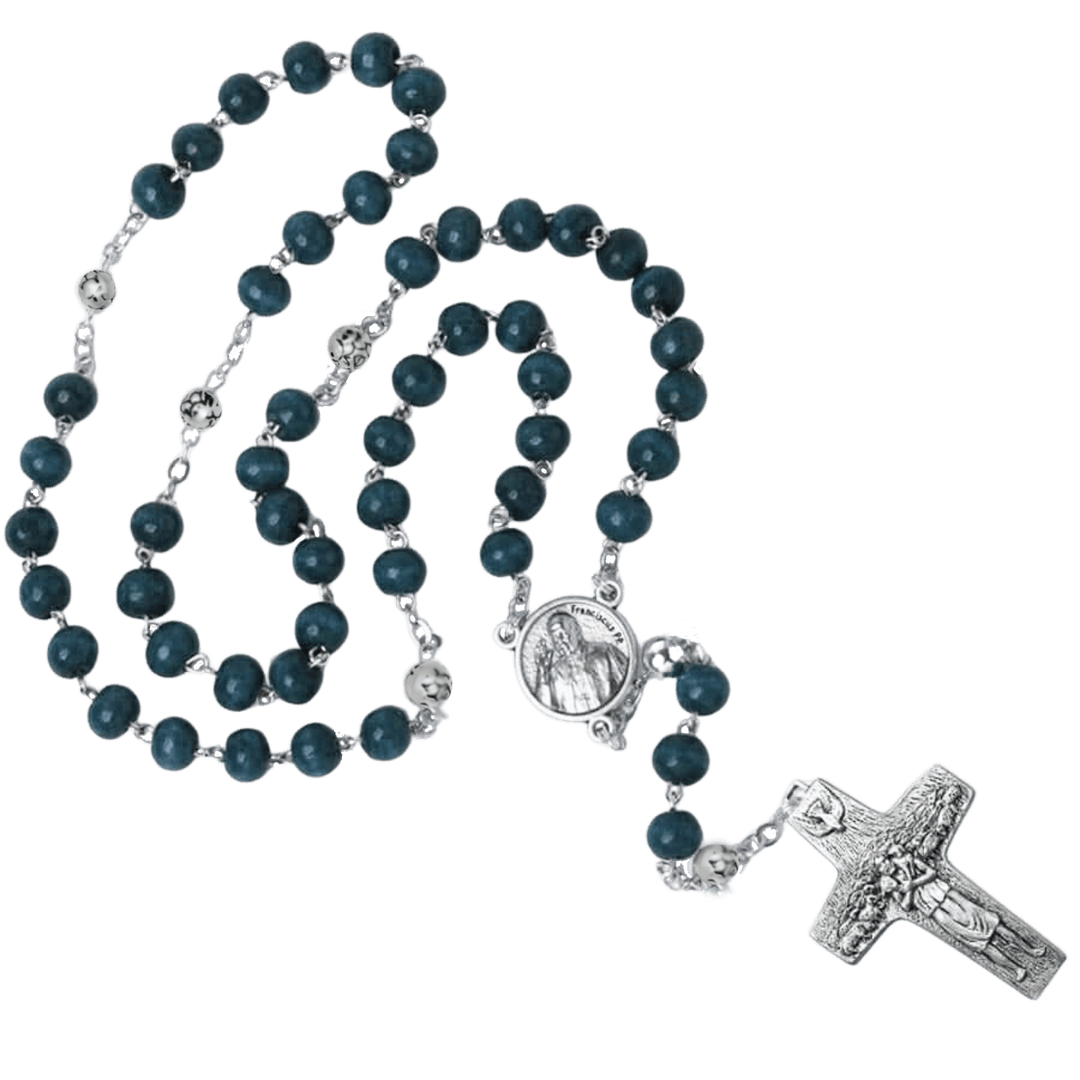 POPE FRANCIS - BLUE WOODEN BEAD ROSARY - METAL