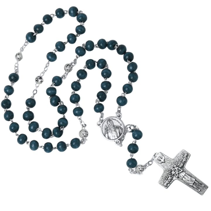 POPE FRANCIS - BLUE WOODEN BEAD ROSARY - METAL