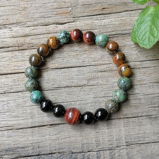 "Protective Energies" Bracelet in Tiger Eye, Bull Eye, African Turquoise & Onyx
