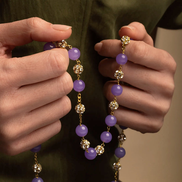 PURPLE AGATE IN STRASS BALL ROSARY - VERMEIL SILVER