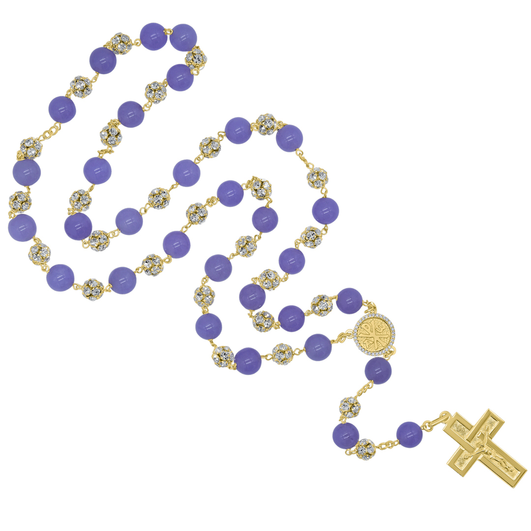 PURPLE AGATE IN STRASS BALL ROSARY - VERMEIL SILVER