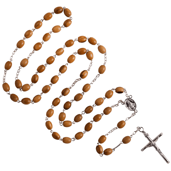 OLIVE WOOD ROSARY - SILVER