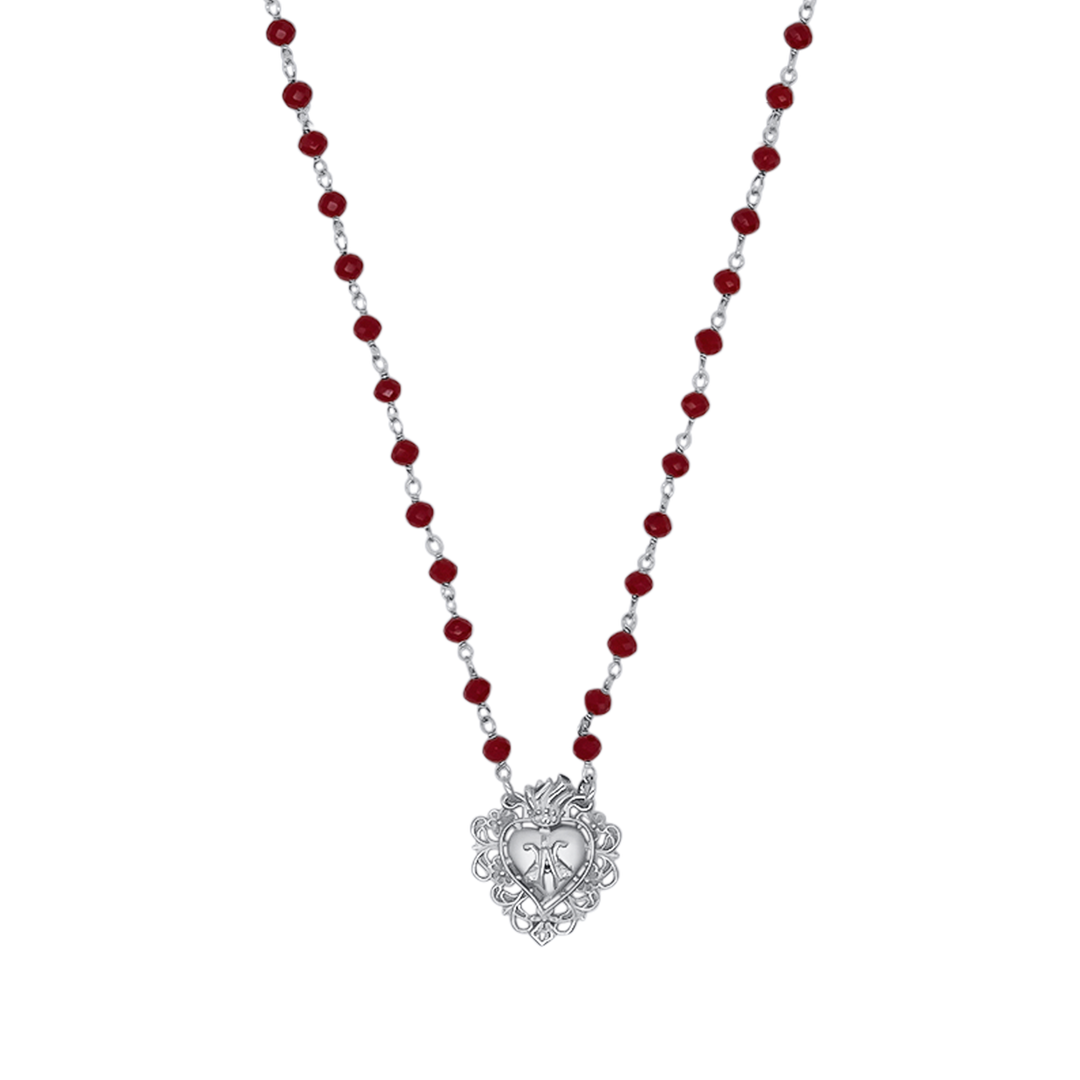 SACRED HEART NECKLACE - SILVER AND RED CRYSTALS