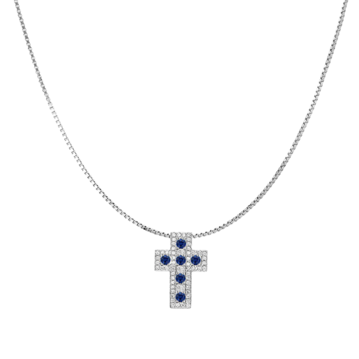 CROSS AND CHAIN - SAPPHIRE AND DIAMONDS - WHITE GOLD