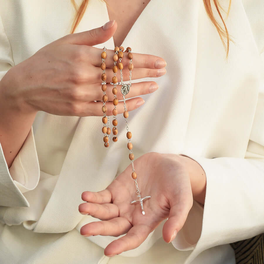 OLIVE WOOD ROSARY - SILVER