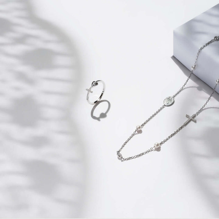 MIRACULOUS CROSS - PEARL AND CRYSTAL NECKLACE - SILVER