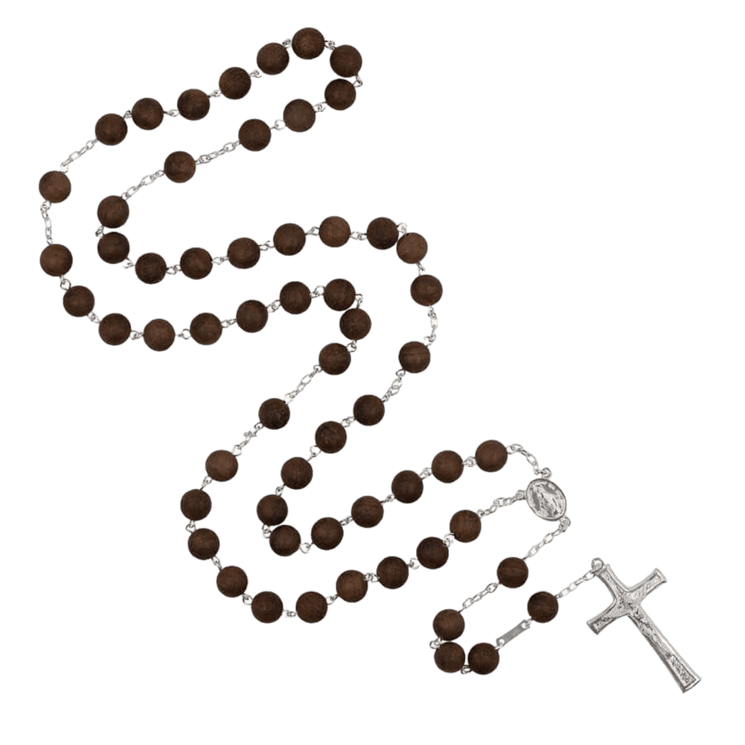 BLACK WOOD BEAD ROSARY - SILVER