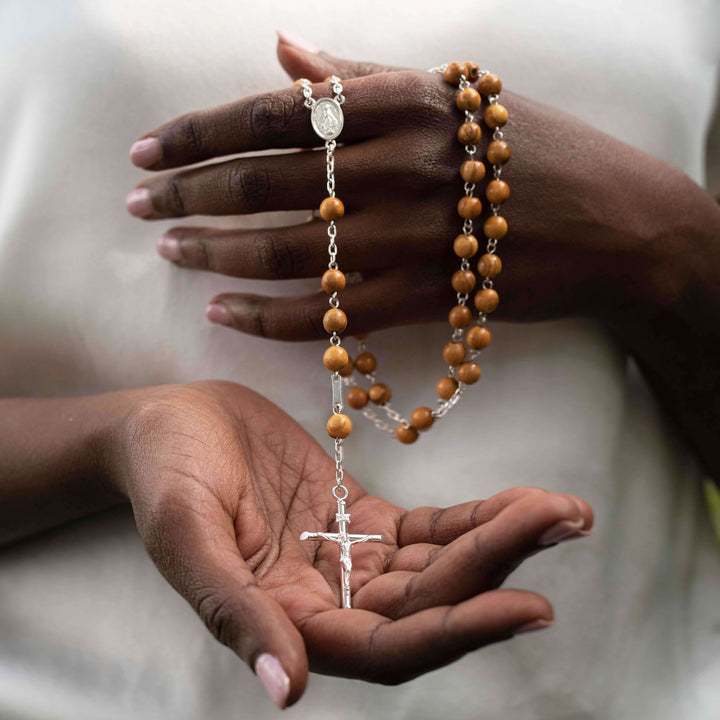 OLIVE WOOD ROSARY - SILVER
