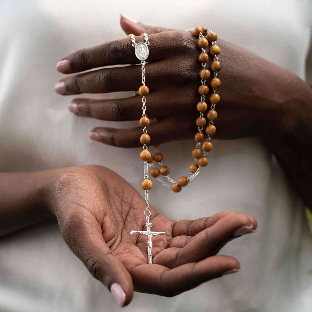 OLIVE WOOD ROSARY - SILVER