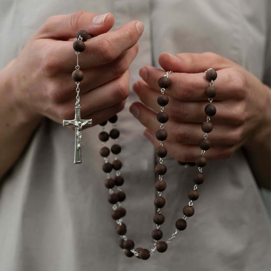 BLACK WOOD BEAD ROSARY - SILVER