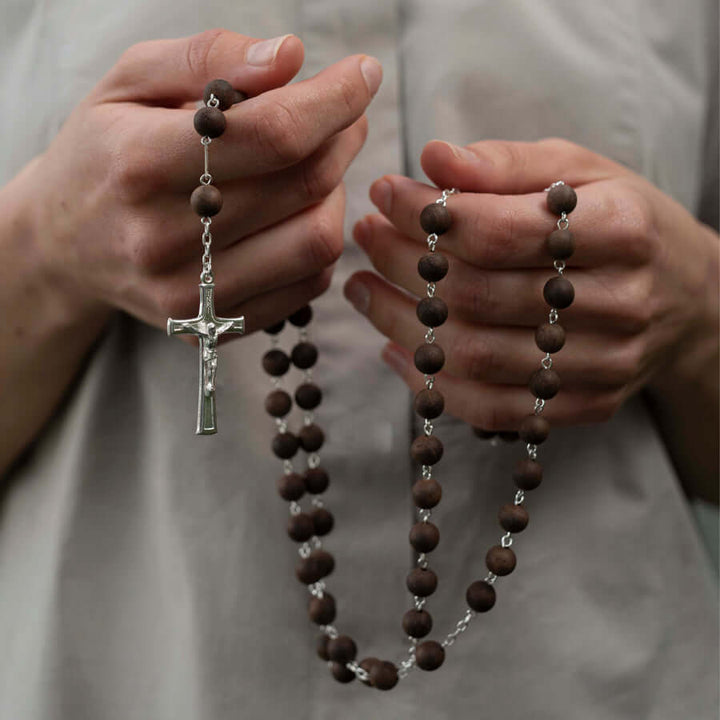 BLACK WOOD BEAD ROSARY - SILVER