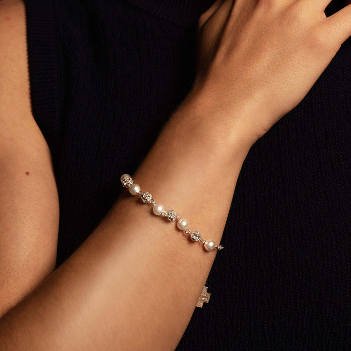 STRASS BALL IN GLASS - PEARL ROSARY BRACELET - SILVER