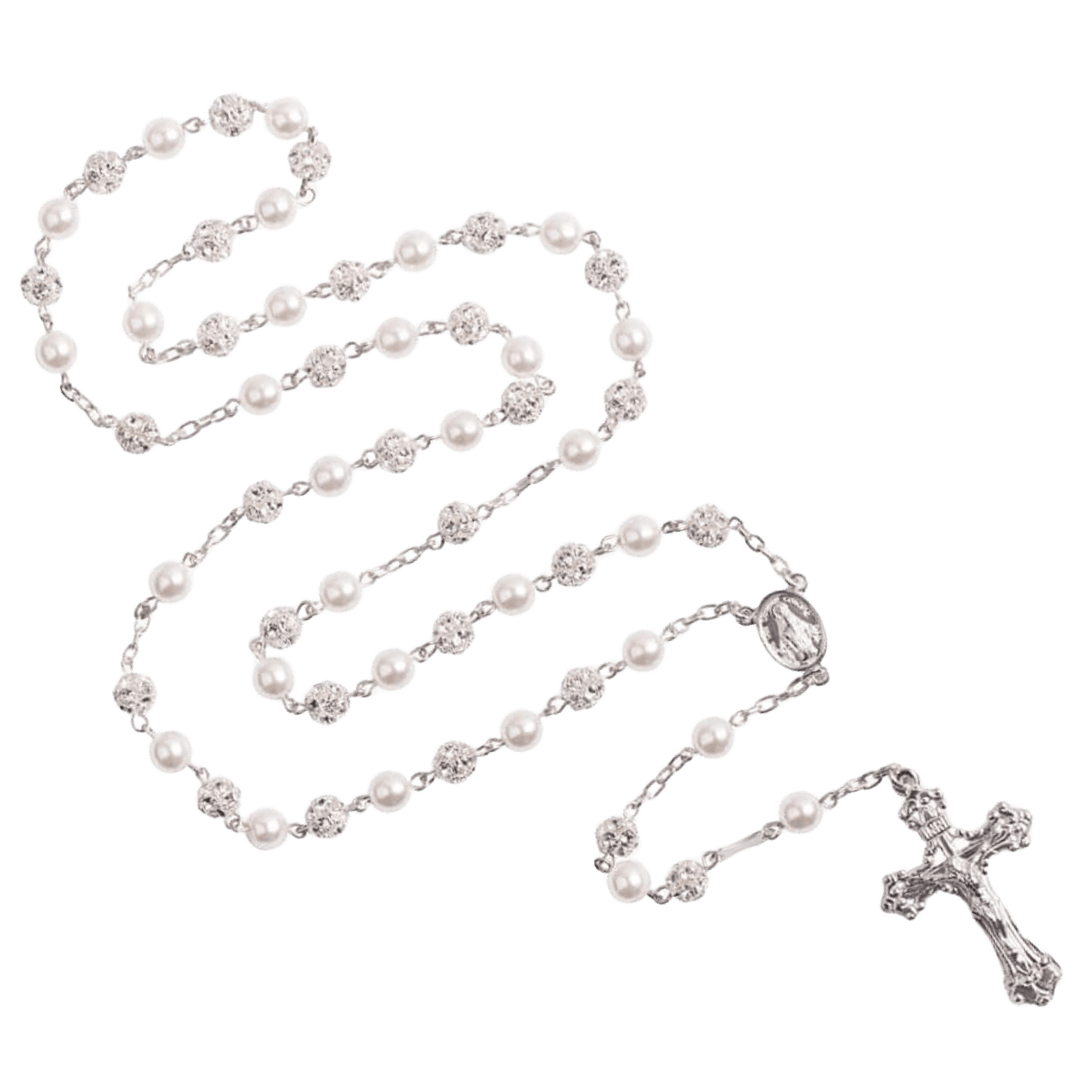 STRASS BALL AND PEARL ROSARY - SILVER
