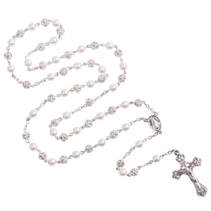 STRASS BALL AND PEARL ROSARY - SILVER