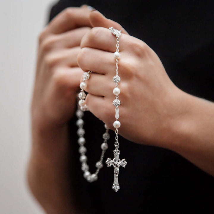 STRASS BALL AND PEARL ROSARY - SILVER