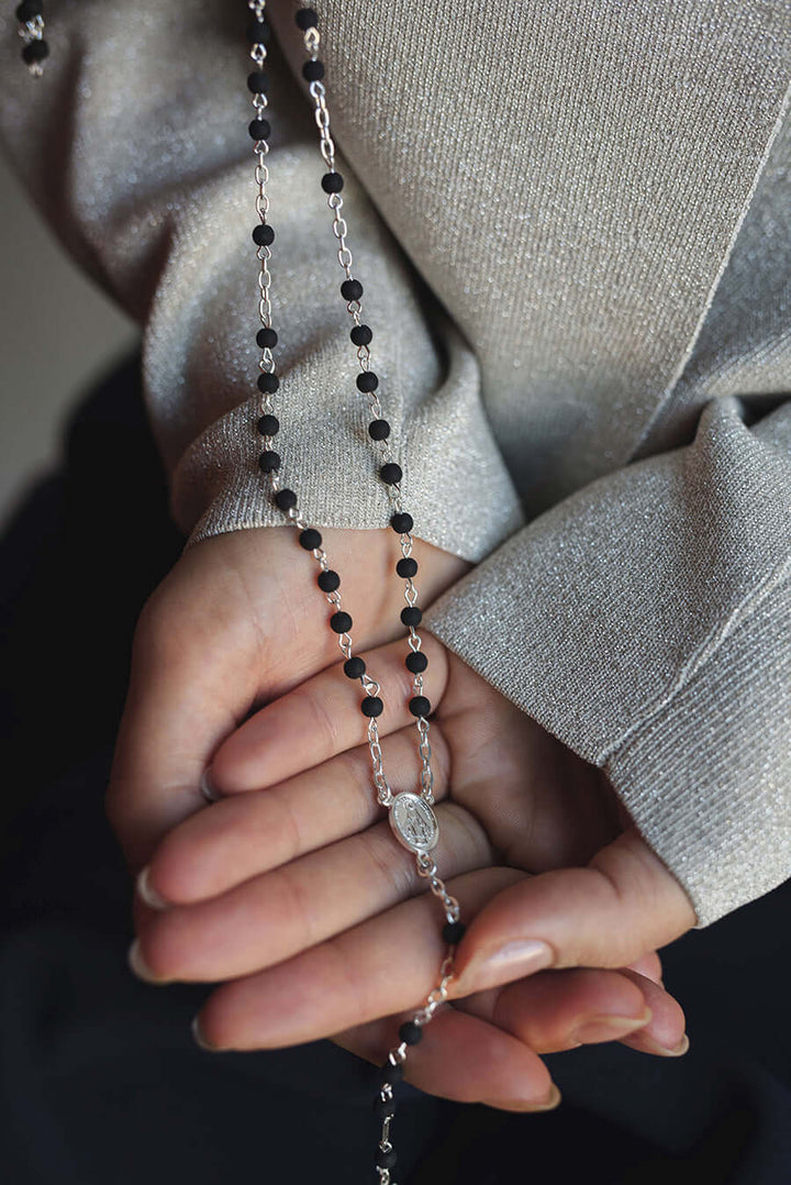 VOLCANIC LAVA BEADS ROSARY - SILVER
