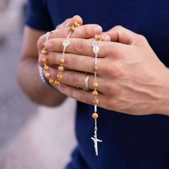 OLIVE WOOD ROSARY - SILVER