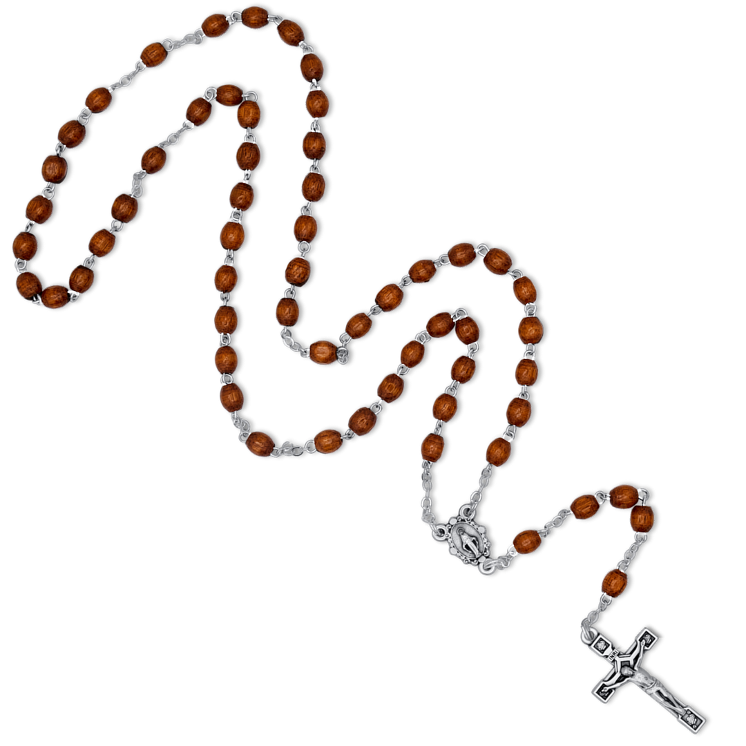 WOODEN BEAD ROSARY - METAL