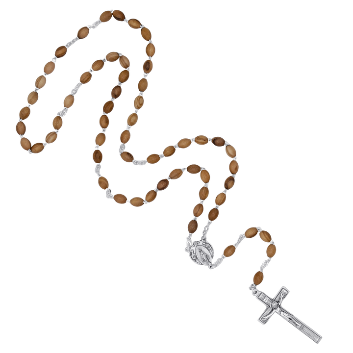 OLIVE WOOD BEAD ROSARY - METAL