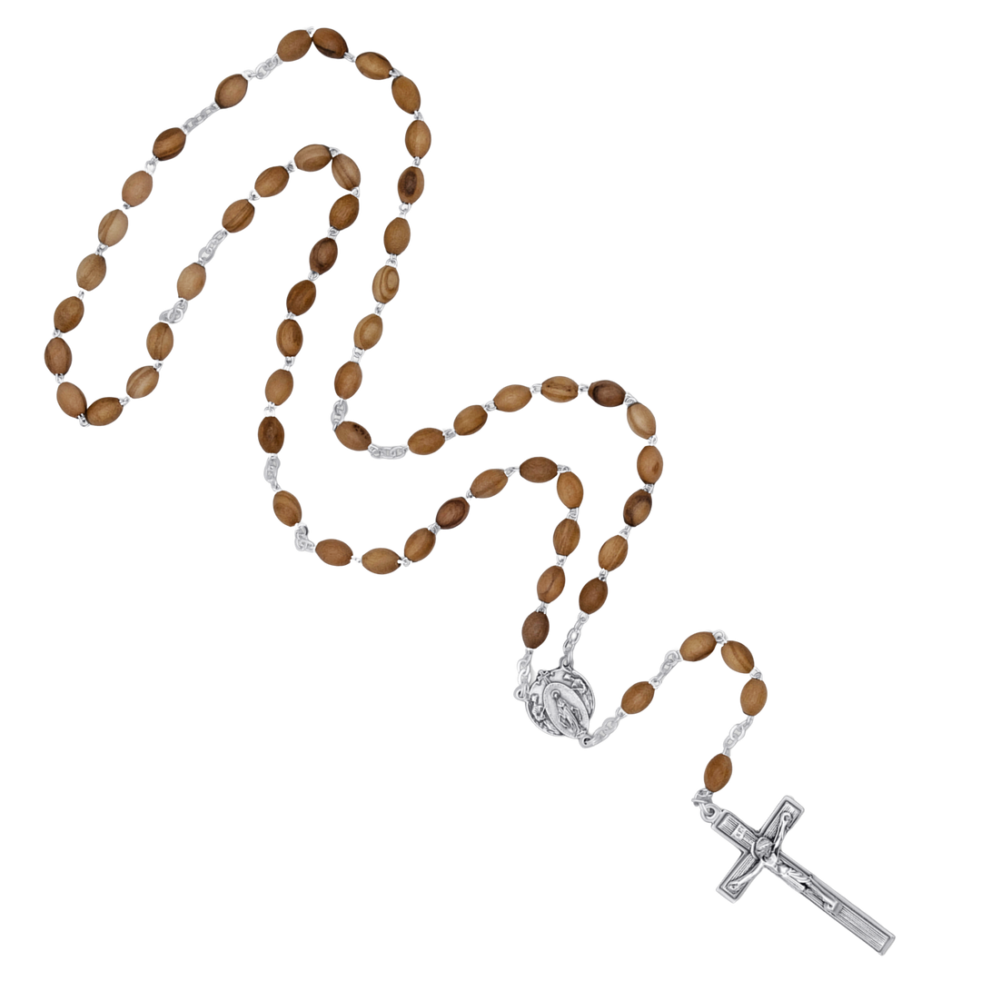 OLIVE WOOD BEAD ROSARY - METAL