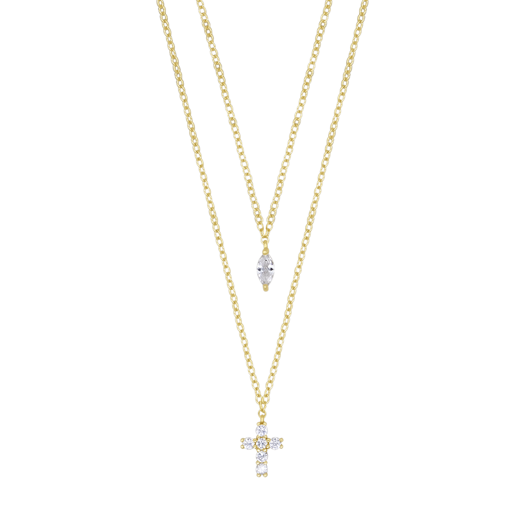 ZIRCONIA CROSS NECKLACE - GOLDEN SILVER